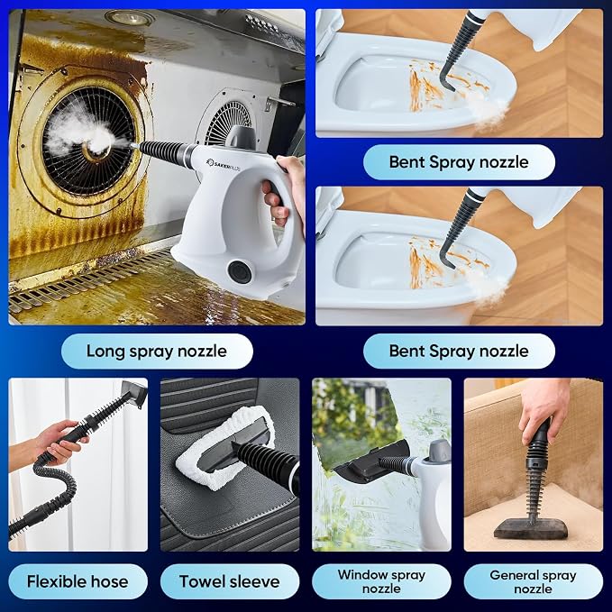 Sakerplus Steam Cleaner, Handheld Pressurized Steamer, 1050W 230°F Fast Heating with 9 Accessories, Multi-Surface Steam Cleaner for Home, Car, Tile & Grout, Windows, Upholstery (5 Towel Sleeve)