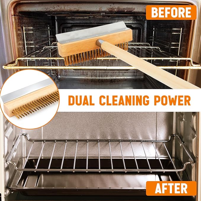 Reallnaive 2 Pack 37 Inch Wood Handle Pizza Oven Brush with Scraper Outdoor Pizza Oven Cleaning Brush Tool, Aluminum Threaded Tip, Brass Bristles with Steel Scraper
