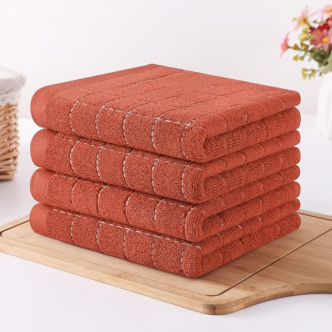 Homaxy 100% Cotton Terry Kitchen Towels(Rust, 13 x 28 inches), Checkered Designed, Soft and Super Absorbent Dish Towels, 8 Pack