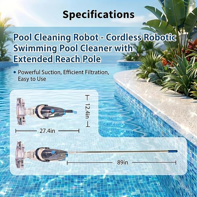 Handheld Pool Vacuum Cleaner, Rechargeable Pool Bottom Cleaner with Strong Suction, 1 H Runtime, 89 inchs Extension Pole,for Above Ground/Inground Pools, Spas and Hot Tubs, Grey