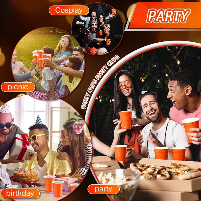 Lounsweer 100 Pcs 16 oz Disposable Party Cups Plastic Heavy Duty Drinking Water Cups for Birthday Baby Shower Wedding BBQ Picnic Party Supplies(Orange)