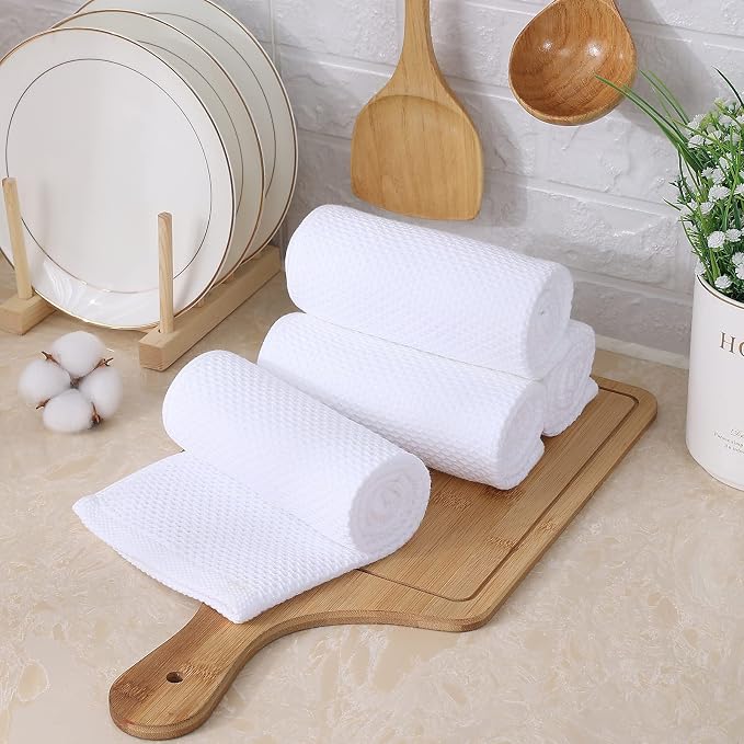 Kitinjoy 100% Cotton Waffle Weave Kitchen Hand Towels (13 x 28 Inches, White), 4-Pack Super Soft and Absorbent Dish Towels for Drying Dishes