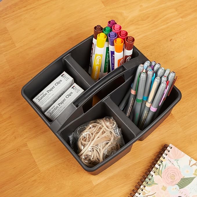 ECR4Kids 4-Compartment Medium Plastic Caddy, Multipurpose Organization, Black, 6-Pack