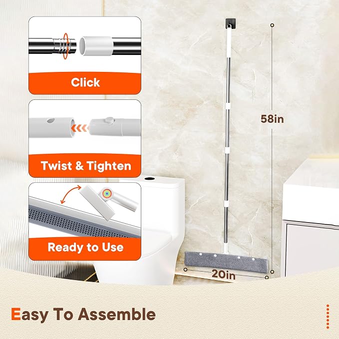 Floor Squeegee Broom with Rubber Scrubbing Teeth, 2-in-1 Magic Broom with 58 Inch Telescopic Handle, Wide Shower Floor Squeegee for Bathroom, Garage, Kitchen, Tile, Concrete, Pet Hair and Water