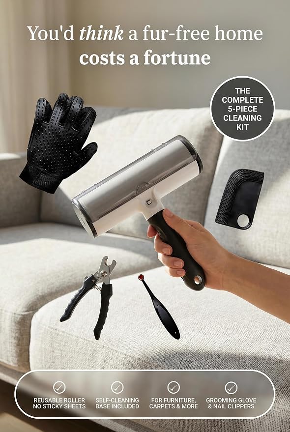 Pet Hair Remover Roller 5-Piece Grooming Kit for Dogs & Cats, Reusable Fur Remover for Couch, Carpet, Clothes, Grooming Glove, Lint Roller, Nail Clipper & Cleaning Brush | 5-PIECE PET CLEANING KIT: Reusable hair roller, grooming glove, lint roller, nai...