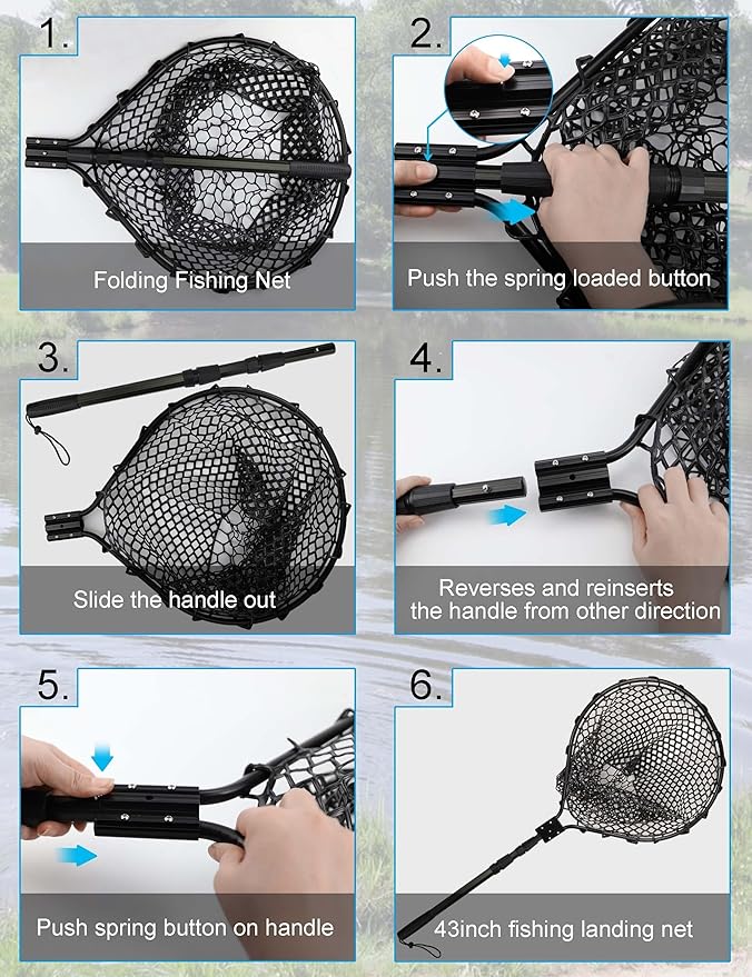 Hlotmeky Extra Long Fishing Net - 70" Telescoping Handle Large Rubber Landing Net for Kayak, Pier & Boat - Foldable Heavy Duty Saltwater Net - Catch & Release Snag-Free Mesh for Large Fish