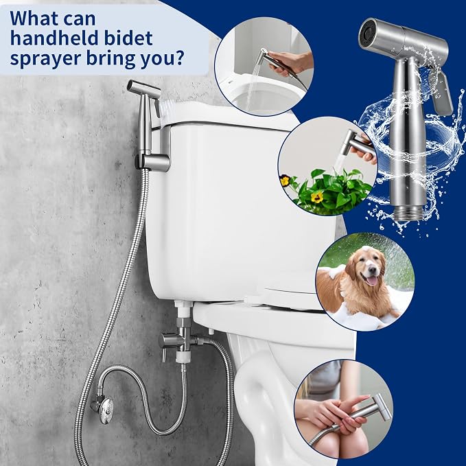 Brushed Nickel Handheld Bidet Sprayer for Toilet, Toilet Sprayer Bidet with Solid Brass T-Valve & Stainless Steel Hose, Adjustable Pressure Diaper Sprayer Kit for Bathroom & Baby Diaper