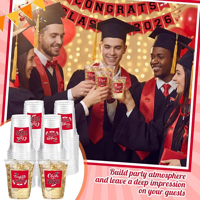 Amyhill 60 Pack 12oz Graduation Cups 2026 Graduation Decorations Disposable Plastic Cups Sturdy&Durable Drinkware for Class of 2026 Decorations Congrats Grad Party Favors Supplies (Red)