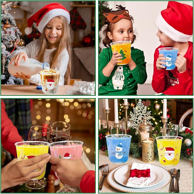 Whaline 60Pcs Christmas Plastic Cups 12 Oz Winter Snowman Gingerbread Man Santa Xmas tree Disposable Clear Stemless Wine Cocktail Glasses PET Drinkware Cups Set for Holiday Party Supplies