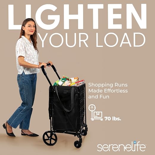 SereneLife Small Compact Folding Shopping Cart with Removable Waterproof Liner – 360° Swivel Wheels, Rust‑Proof Steel Frame, 70 lb Capacity – Portable Grocery, Laundry & Travel Cart (Black)