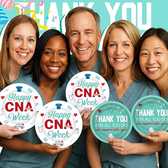 Remerry 96 Pcs Happy Cna Week Party Supplies Nurse Appreciation Plates and Napkins Set Decoration We Love Our Cnas Disposable Plates Thank You for All You Do Party Decoration