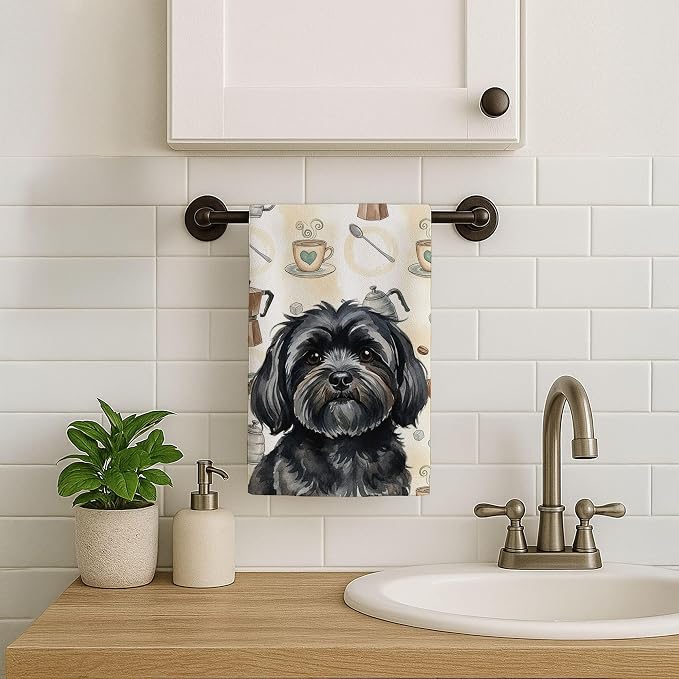 Caroline's Treasures Black Lhasa Apso Coffee Bar Kitchen Towel Velour Plush Front and Cotton Loop Back Machine Washable