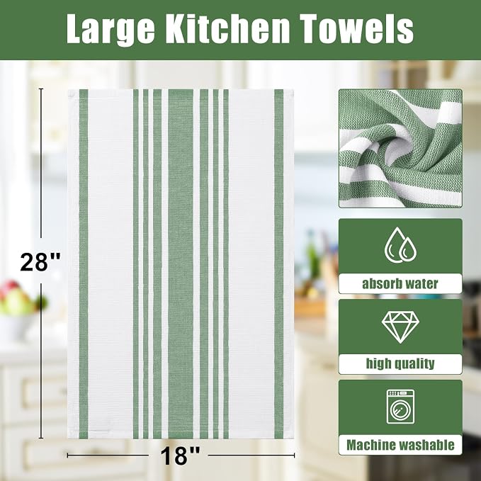 Homaxy Premium Kitchen Towels 18”x 28”, Large Cotton 380 GSM Kitchen Hand Towels, Stripe and Terry Dish Towel, Highly Absorbent Tea Towel Set with Hanging Loop, 3 Pack, Grass Green