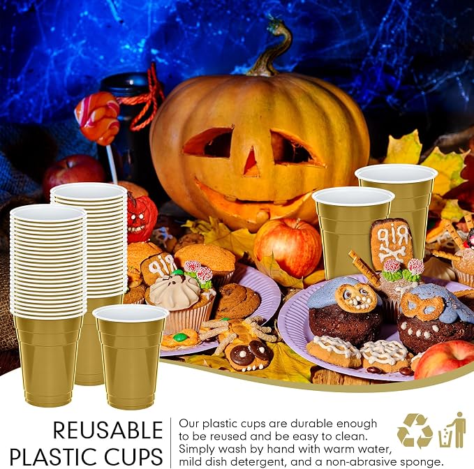 Mimorou Gold 200 Pack Plastic Cups 16 oz Disposable Cups for Party Wedding Halloween Stackable Beverage Drinking Tumbler Heavy Duty for BBQ Birthday Baby Shower