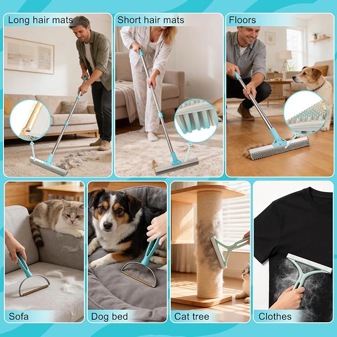 Vivifying Carpet Rake Pet Hair Remover Set, 56” Adjustable Long Handle Plus 2 Handheld Tools, Deep Cleans Pet Hair from Carpets, Rugs, Mats & Upholstery