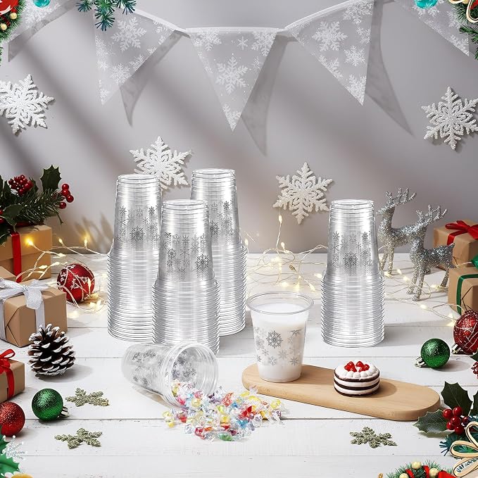 Jingmore 100 Pcs Winter Snowflake Plastic Cups 12 oz Snowflake Disposable Clear Plastic Drinking Cups Bulk for Xmas Winter Holiday Wonderland Party Decorations Supplies(Silver)