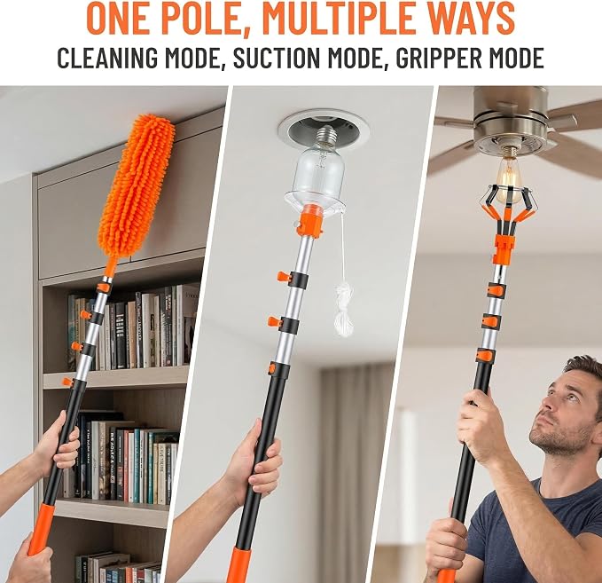 26FT Telescopic Light Bulb Changer for High Ceilings with 5-20FT Extension Pole, Flip-Tab Lock Universal Tool w/ Basket, Suction Cup, Grabber & Duster for Recessed, Ceiling Fans, Hard-to-Reach Lights