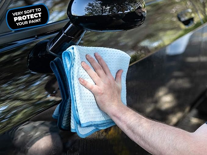 The Rag Company Dry Me A River, Professional Korean 70/30 Blend Microfiber Waffle-Weave Drying & Detailing Towels, Soft Suede Edges, 390 GSM, 16x16 Inches, Light Blue, 5-Pack
