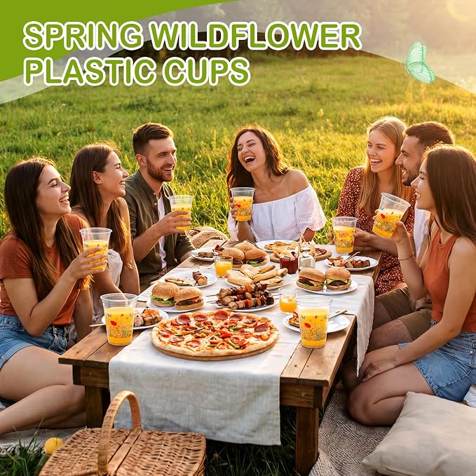 Qinyoung 50 Pcs Plastic Cups 12oz Disposable Cups Bulk Drinking Cup for Cold Drinks Baby Shower Wedding Birthday Valentine's Day Party Supplies (Wildflower)