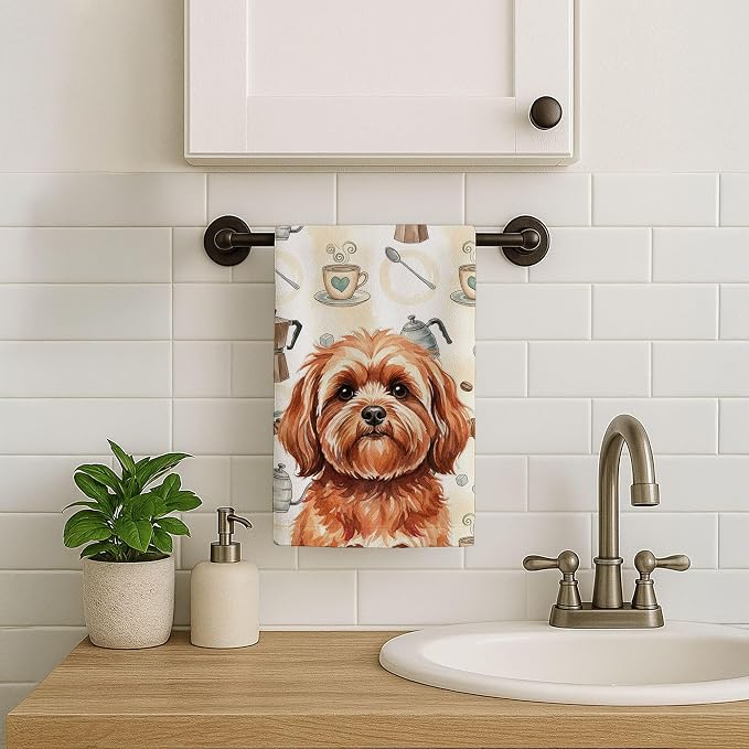 Caroline's Treasures Red Lhasa Apso Coffee Bar Kitchen Towel Velour Plush Front and Cotton Loop Back Machine Washable