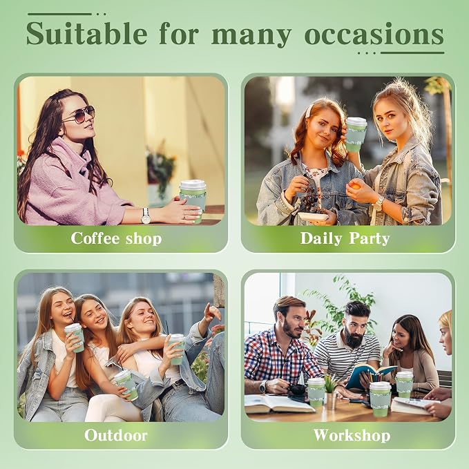 Zopeal 50 Pack Sage Green 12 oz Disposable Coffee Cups with Lids and Sleeves, Paper Hot Travel Cups for Beverages, Wedding, Baby Shower, Office and Party Supplies