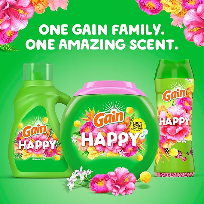 Bundle of Gain Liquid Laundry Detergent, Happy, HE Compatible, 154 fl oz, 107 Loads + Gain In-Wash Laundry Scent Booster Beads, Happy Scent, 24 oz