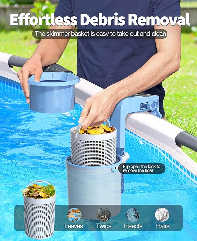 DeeprClean Newly Above Ground Pool Skimmer with Solar Digital Thermometer, Wall Mount Surface Skimmer with Adjustable Height Bracket, Auto Skimming for Pool Surface Floating Leaves & Debris-LightBlue