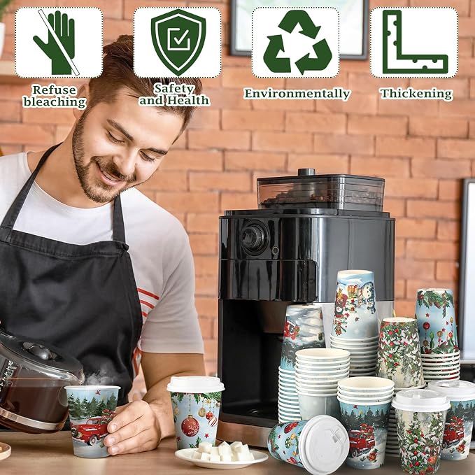 Gerrii 100 Set Christmas Paper Cups Disposable 12 oz with Lids Hot Chocolate Cups Coffee Cups Holiday Hot Cups for Hot and Cold Drinks Tea Water Bar Supplies Winter Season (Vintage Rural Style)