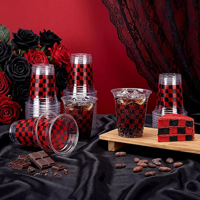 Qinyoung Checkered Plastic Cups 12oz Gingham Party Disposable Cups Bulk Drinking Cup for Cold Drinks Baby Shower Wedding Summer Birthday Party Supplies(Red and Black,50 Pcs)