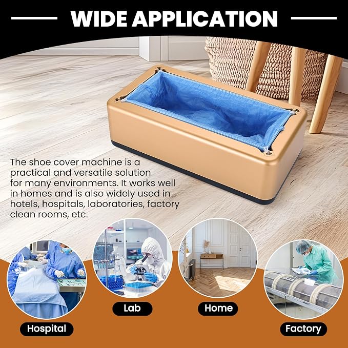 Automatic Shoe Cover Dispenser with 100 Non-Woven Shoe Covers, Hands-Free Design for Home, Office & Laboratory, Durable Silver Machine Keeps Floors Clean, Shoe Cover Machine (Golden)