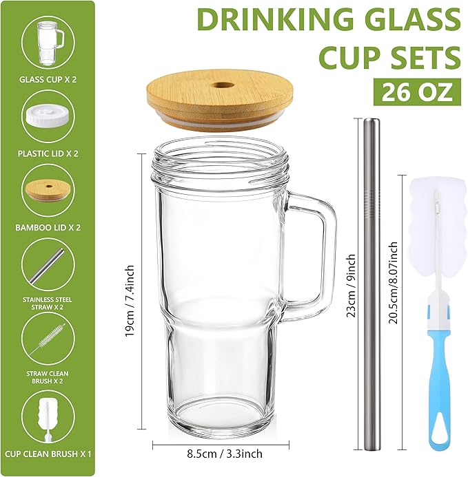 Birity 24oz Glass Cups with Lids and Straws,Glass Tumbler with Handle,2 set–Reusable Glass Ice Coffee Cups with Lid and Straw for Smoothies,Tea,Juice,Boba Cup for Cold & Hot Drinks,Travel Cup