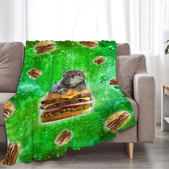 Tijuboni Hamburger Cat Throw Blanket Funny Cat Gifts for Girls Boys Women Men Kids Adults Soft Flannel Fleece Blanket for Couch Sofa Bed Home Decor 40"x50"