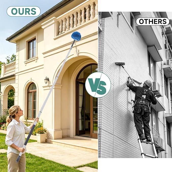 4-10 FT Spider Web Brush with Pole, Cobweb Duster with Extension Pole for Outdoor & Indoor Cleaning, Washable Cleaning Duster Kit with 2 Duster Heads for High Ceilings 18 Ft Reach