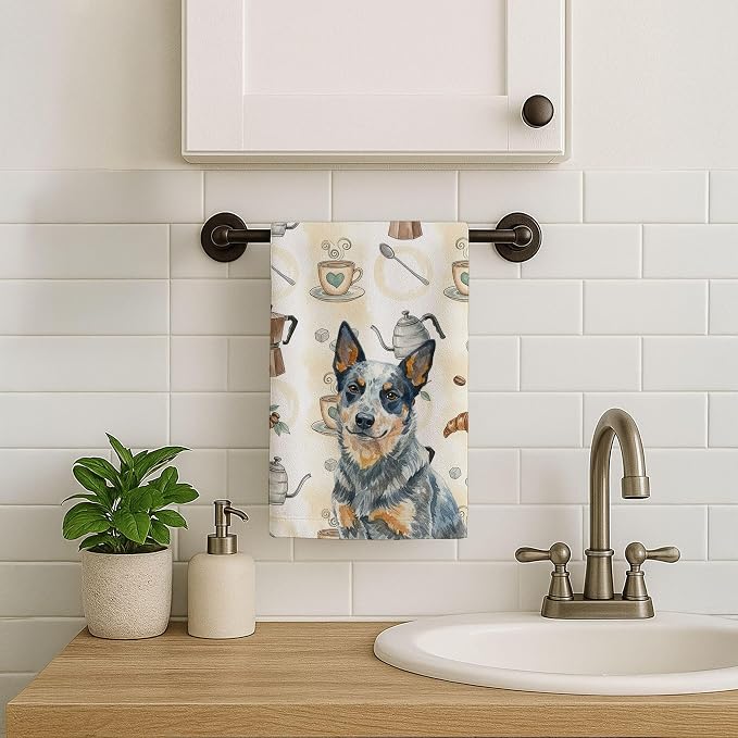 Caroline's Treasures Blue Heeler Australian Cattle Dog Coffee Bar Kitchen Towel Velour Plush Front and Cotton Loop Back Machine Washable