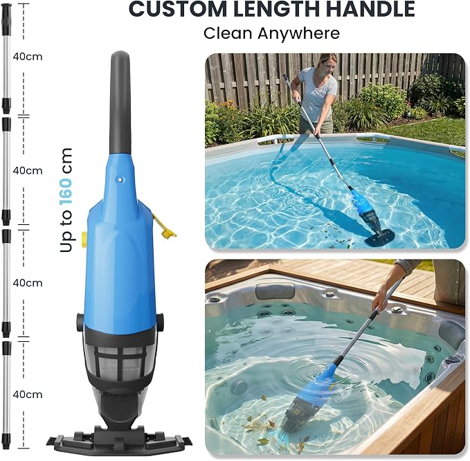 Handheld Pool Vacuum for Above Ground Pool, 18 GPM Powerful Suction, 60 min Runtime, 120μm Fine Filter, 4-Section Pole, Pool Cleaner for Leaves, Sand and Debris, Ocean Blue