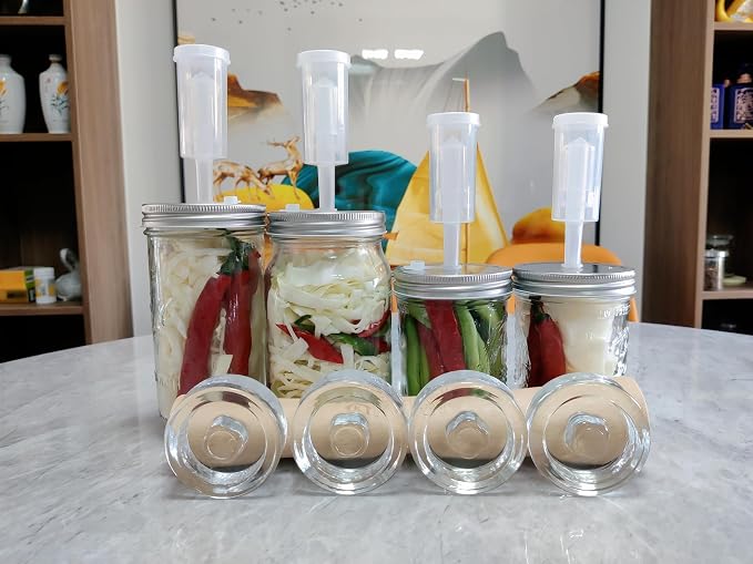 Complete Mason Jar Fermentation Kit - Sauerkraut Pounder + 4pc Glass Weights + 4pc water airlocks Easy Wide Mouth Jars Vegetable Fermenting Set -Suitable for 86MM mason jar (Jars Not Included)