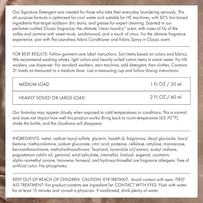 The Laundress Luxury Laundry Detergent, 31 Loads, Scented Signature Classic Fragrance, Concentrated Triple Enzyme Deep Cleaning and Targeted Stain Remover, 96% USDA Biobased Product