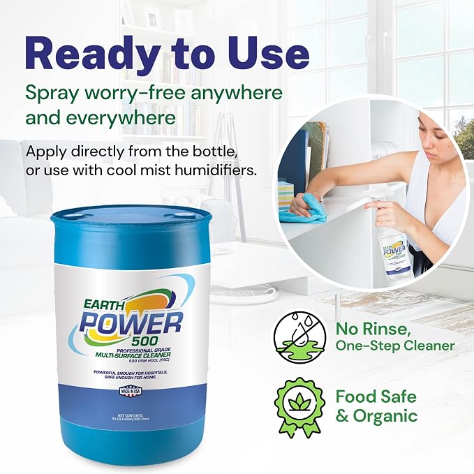 Earth Power Hypochlorous Acid 500 PPM Multipurpose Cleaner – Natural & Non-Toxic – Tile, Refrigerator, Shower, Countertop & Floor Cleaner – Family, Food & Pet Safe Cleaning Supplies – 50 Gallon