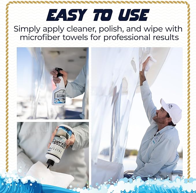 Salty Captain Clears Clean & Polish Kit – Isinglass Cleaner & Boat Polish – 16.9oz Cleaner, 16.9oz Polish & 5 Microfiber Towels – Restores Clarity & Shine to Strataglass, Polyvinyl & Marine Clears