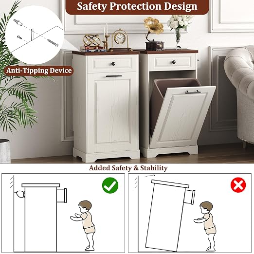 Function Home Trash Can Cabinet, 13 Gallon Tilt Out Trash Cabinet, Wooden Kitchen Garbage Can with Hideaway Drawer, Pet Proof Trash Can Holder for Kitchen Living Room, Antique White with Brown Top