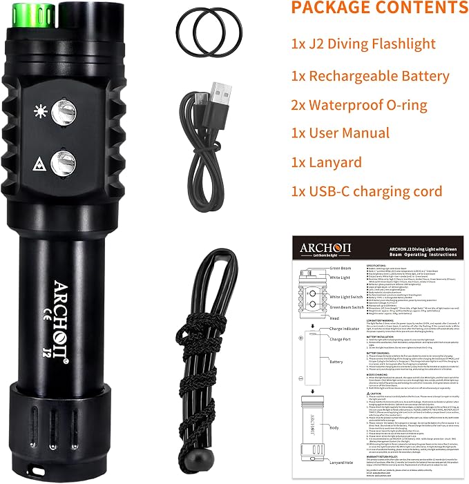 ARCHON J2 Diving Flashlight, 2-in-1 Scuba Dive Light with 1200 Lumens White Spotlight,1500 Meters Green Beam, Underwater 100 Meters Waterproof, Dual-Button Switch