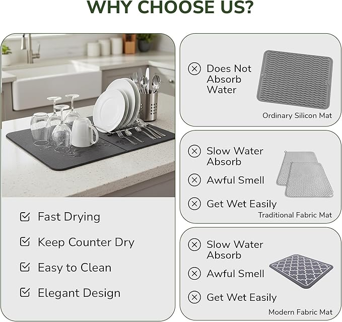 2-Panel Large Foldable Stone Drying Mat 24"x16" โ Diatomaceous Earth Stone Dish Drying Mat, Ultra-Absorbent Stone Drying Mat for Kitchen, Collapsible Quick-Dry Countertop Protector for your Dishes