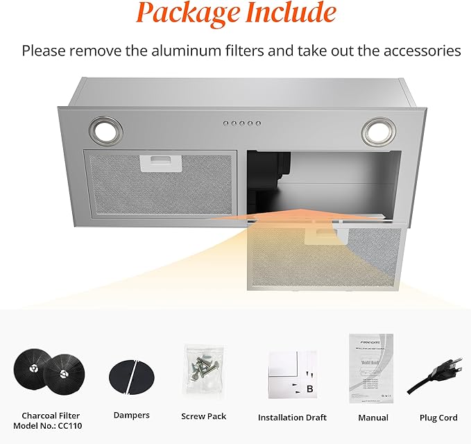 FIREGAS Range Hood 28 Inch, Built-in Stainless Steel Kitchen Vent Hood with 450 CFM, 3 Speed Exhaust Fan, 2 LED Lights & Button Control, Ducted/Ductless Convertible