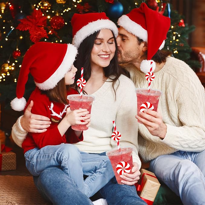 Whaline 50 Pcs 12 Oz Christmas Disposable Plastic Cups with Lids and Straws Red Peppermint Candy Cold Beverage Drinking Cups for Winter Xmas Birthday Party Supplies