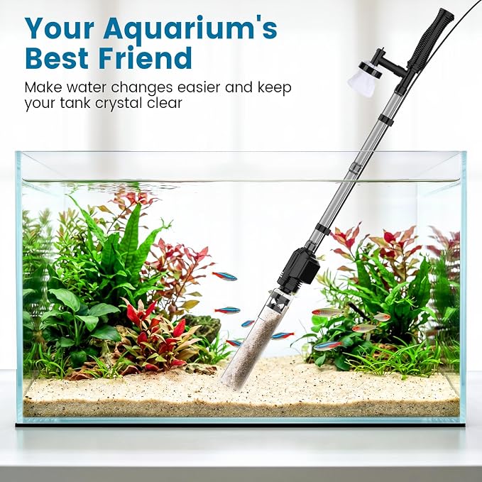 AQQA Electric Aquarium Gravel Cleaner, 6-in-1 Fish Tank Vacuum with Anti-Clog Gravel Barrier, Sand Washer, Water Changer, Filter Bag, Adjustable Flow & Water Circulation, 211GPH for 15+ Gallon Tanks
