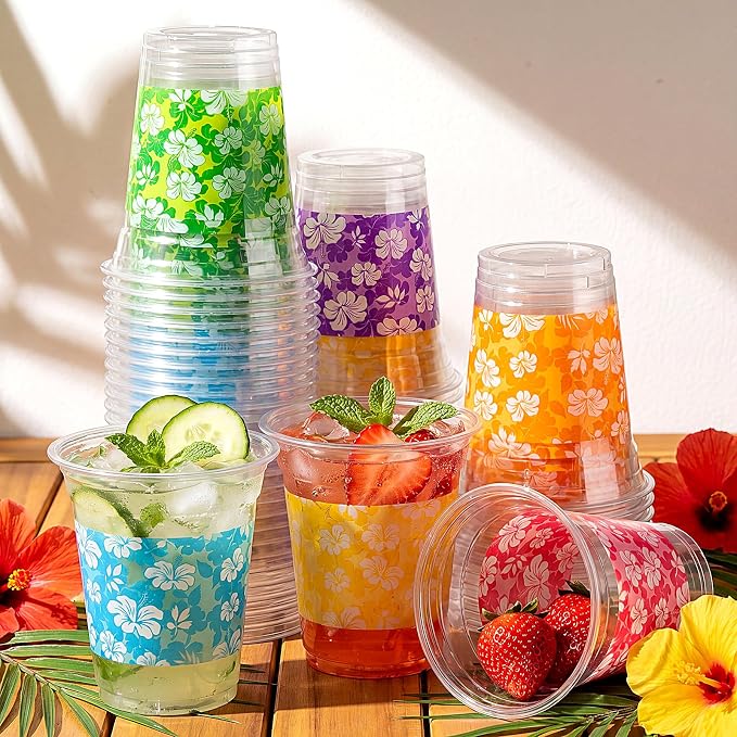 Tanlade 60 Pcs Hawaiian Luau Cups 12 oz Plastic Tropical Floral Cup Disposable Party Drinking Hawaii Hibiscus Beverage Drinkware for Summer Hawaiian Luau Tropical Pool Beach Birthday Party Supplies