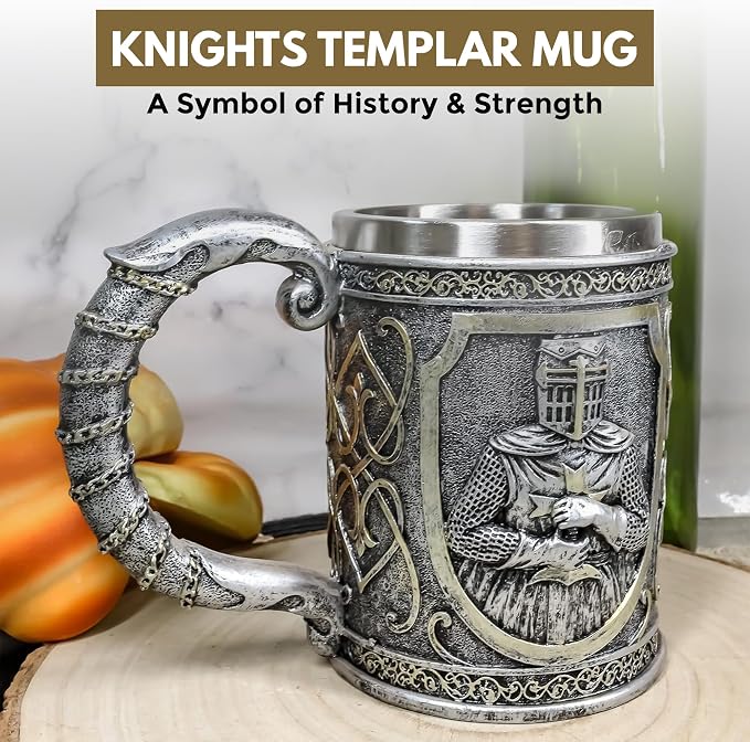 Rite Edge Knights Templar Mug 500-600ml - Resin & Stainless Steel - Unique Medieval Templar Design - Handcrafted Collector’s Mug - Ideal for History Buffs & Fantasy Fans