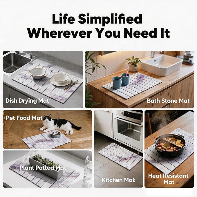 Stone Drying Mat for Kitchen Counter, Quick Diatomaceous Earth Mats for Dishes, 23.6"L x 15.7" W Super Absorbent Fast-Drying Collapsible Countertop Stone Mat (Marble White-06, 24" x 16")