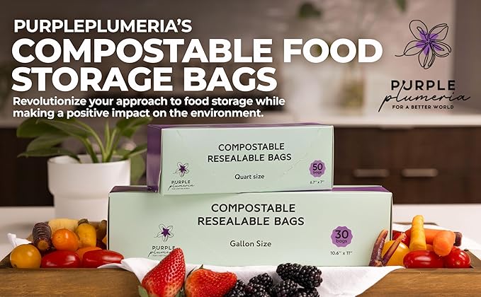 100% Certified Compostable Quart & Gallon Bags (30+50 Counts), Resealable BioBased Bags, Leak Proof And Freezer Safe, Extra Strength Storage Bags, Also Available in Snack & Sandwich Size | Biobased, Leak-Proof, Durable, Freezer-Safe, Extra Strong