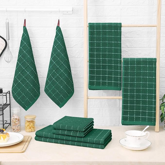 Homaxy Kitchen Towels and Dishcloths Set, 12 x 12 and 13 x 28 Inches, Set of 10 Bulk Cotton Terry Kitchen Towels Set, Checkered Designed, Soft and Super Absorbent Dish Towels, Dark Green